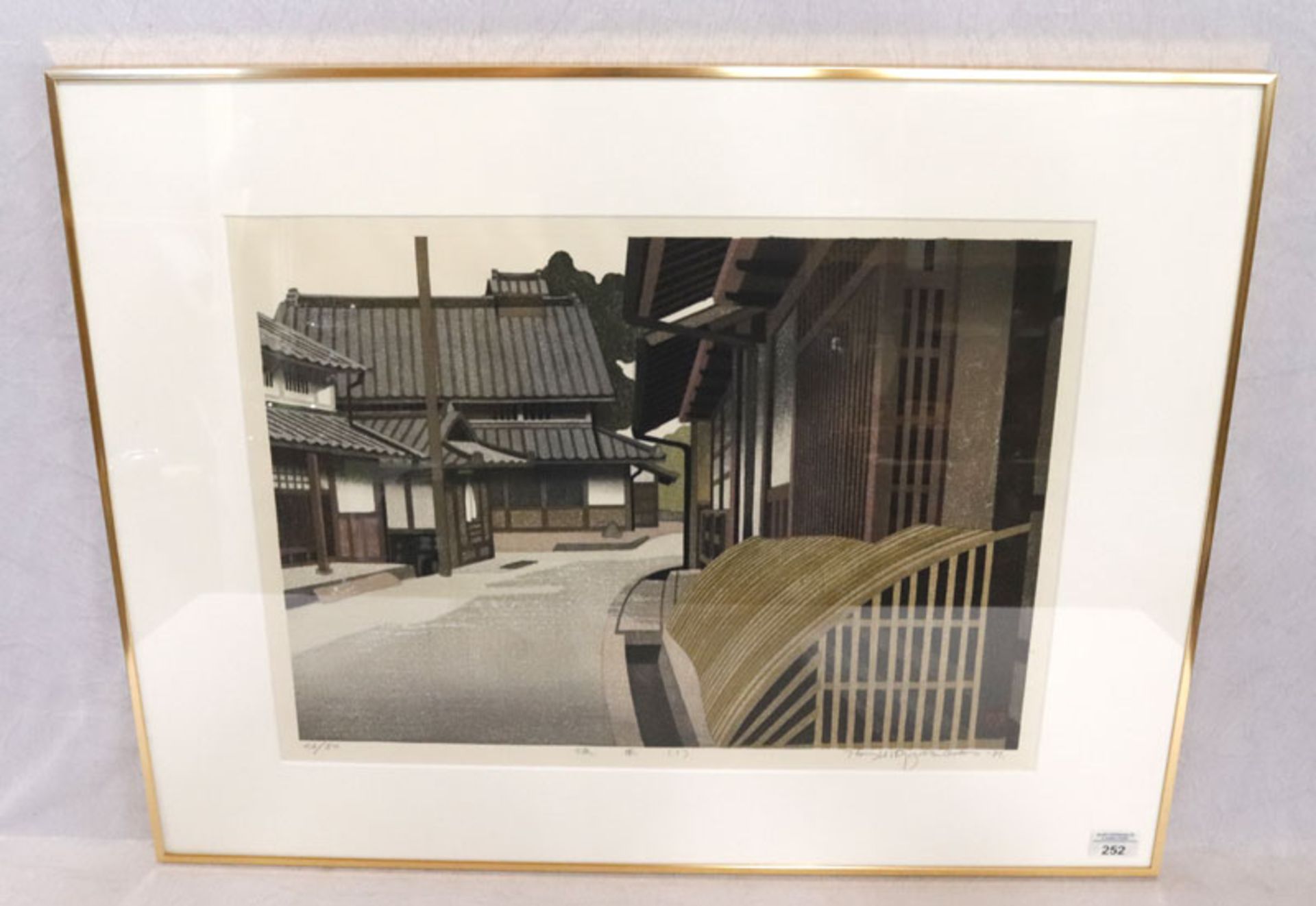 Japanische Druckgrafik 'Häuser-Szenerie', Nr. 26/50, signiert und datiert 81, mit Passepartout unter