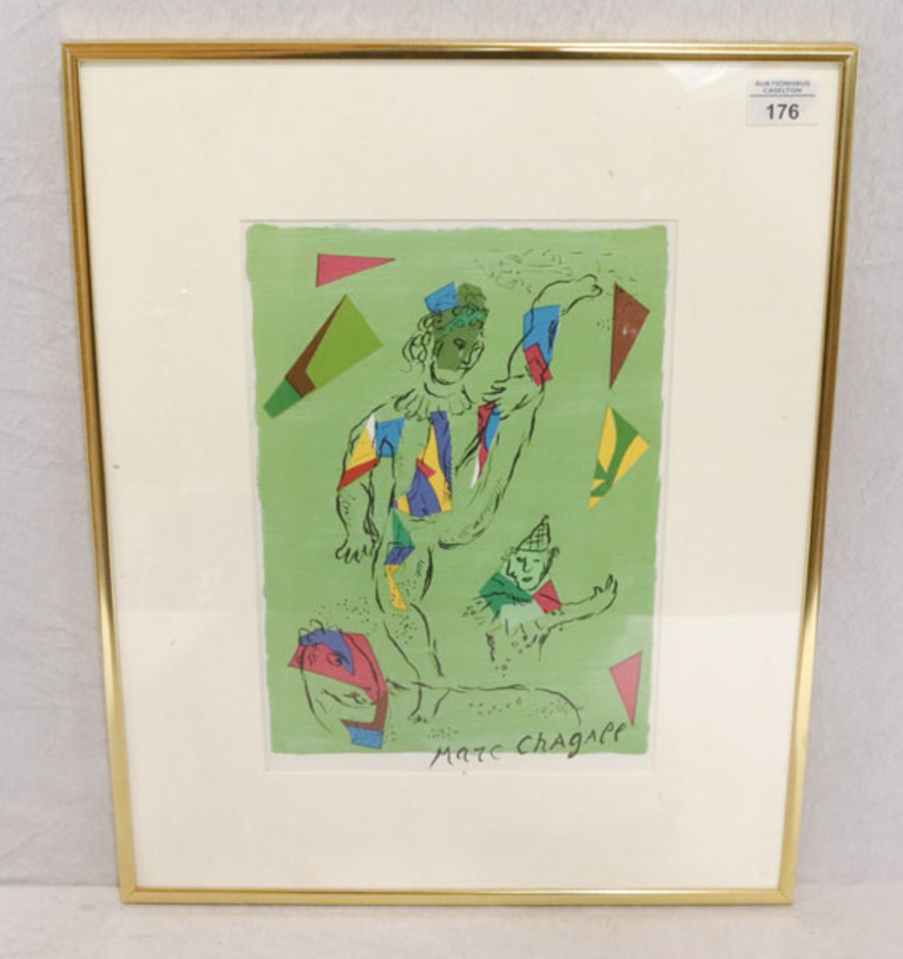 Lithographie 'Der grüne Akrobat', nach Marc Chagall, mit Passepartout unter Glas gerahmt, incl.