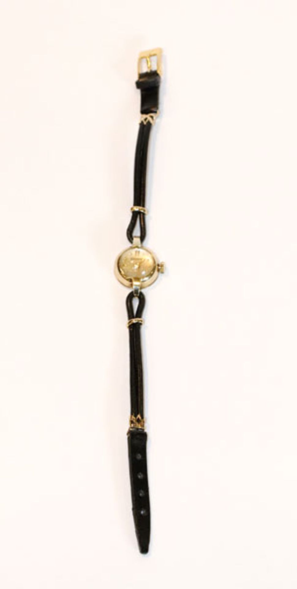 14 k Gelbgold Damen-Armbanduhr in runder Form an schwarzem Armband, L 20 cm, Funktion nicht geprüft