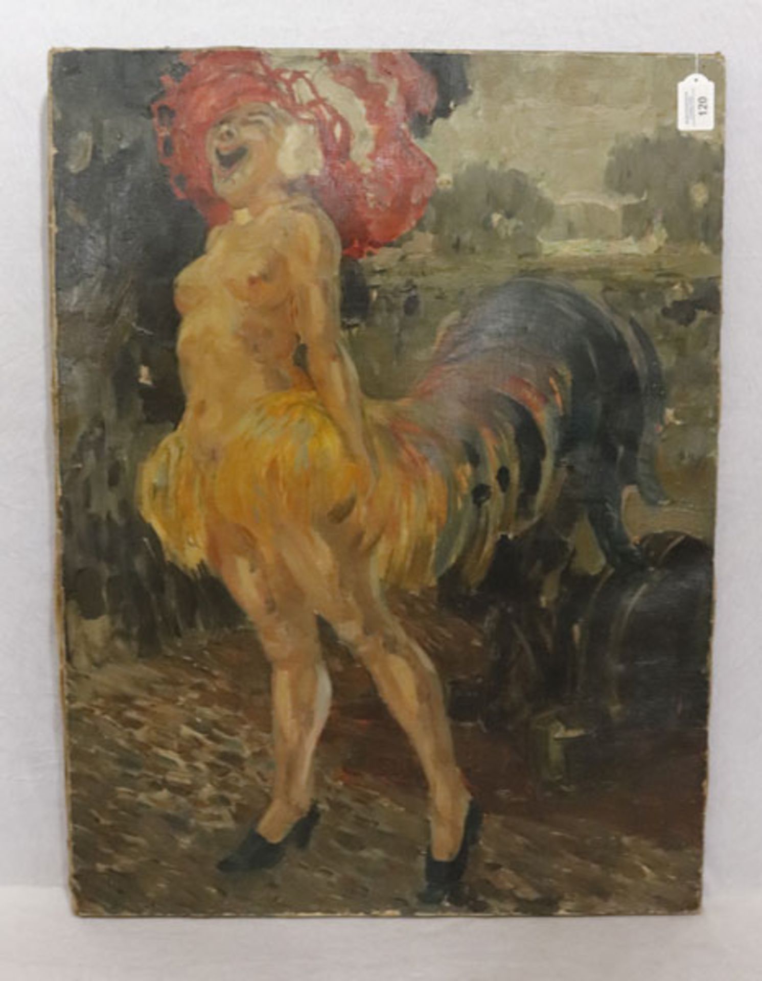 Gemälde ÖL/LW 'Frauendarstellung als Hahn', LW und Bildoberfläche beschädigt, ohne Rahmen 81 cm x 61