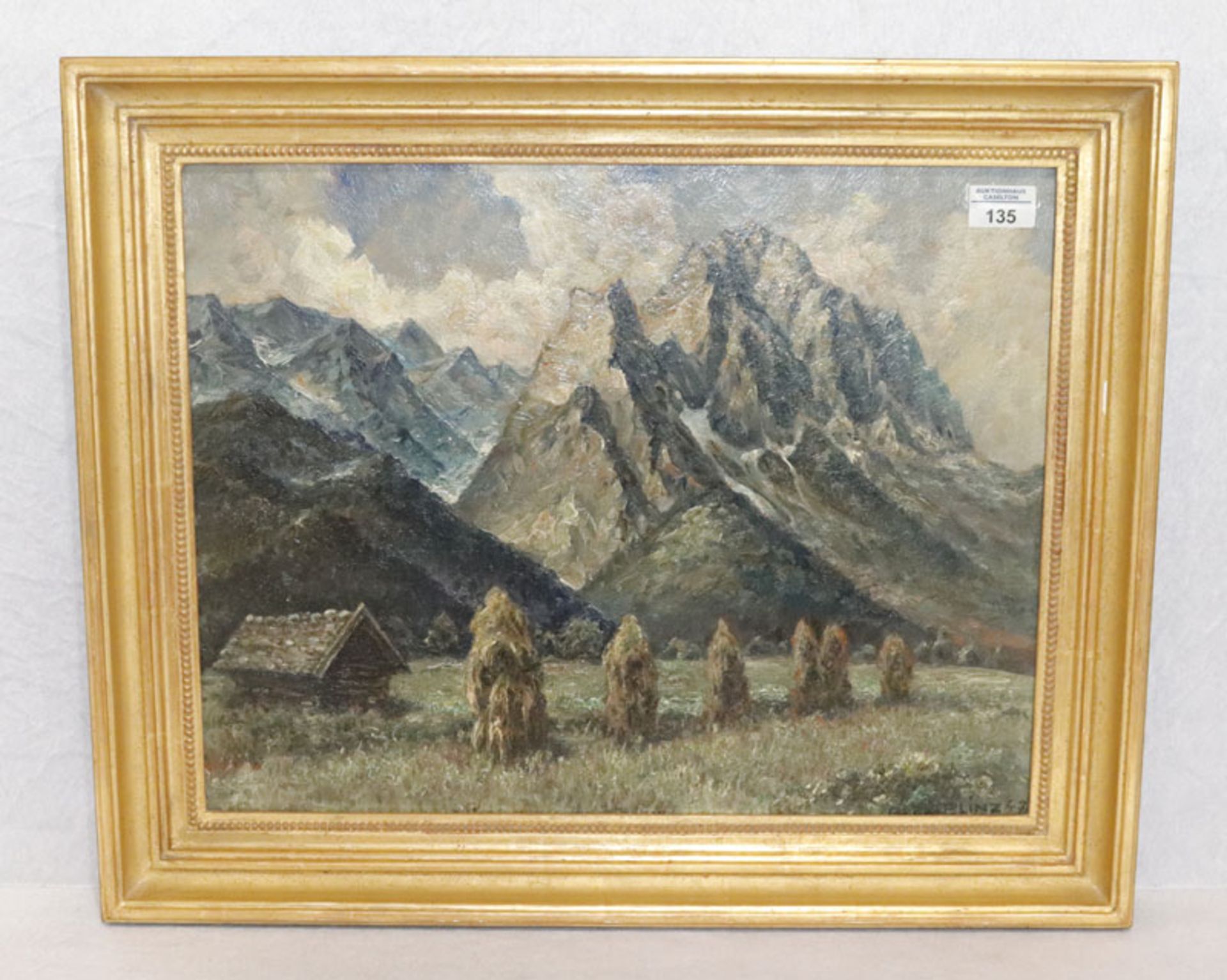 Gemälde ÖL/Hartfaser 'Wettersteingebirge mit Heumandl', signiert Plinz 47, gerahmt, Rahmen leicht
