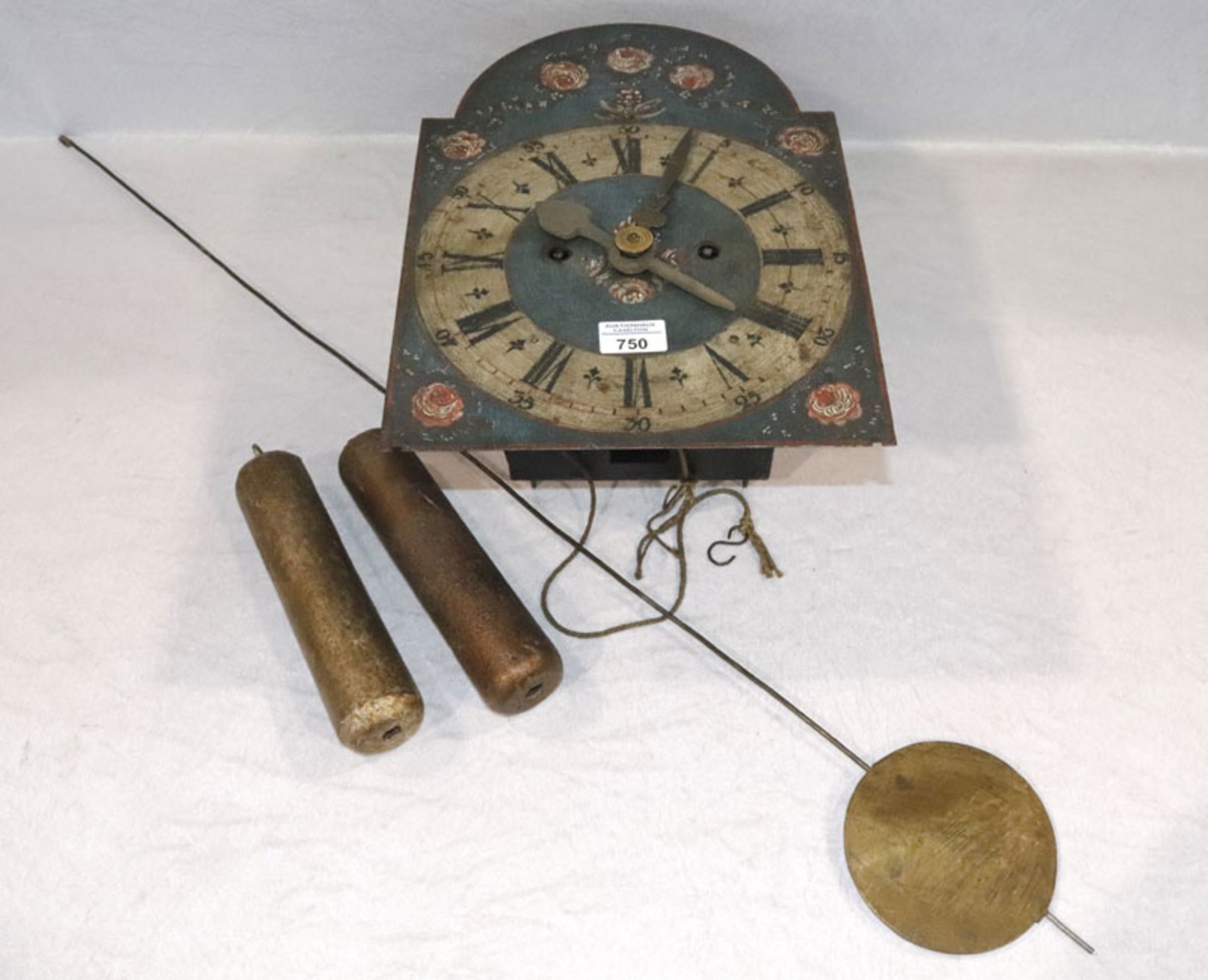Eisen Wanduhr, Zifferblatt mit Rosenmalerei, Pendel und 2 Gewichte, Glockenschlag, Funktion nicht