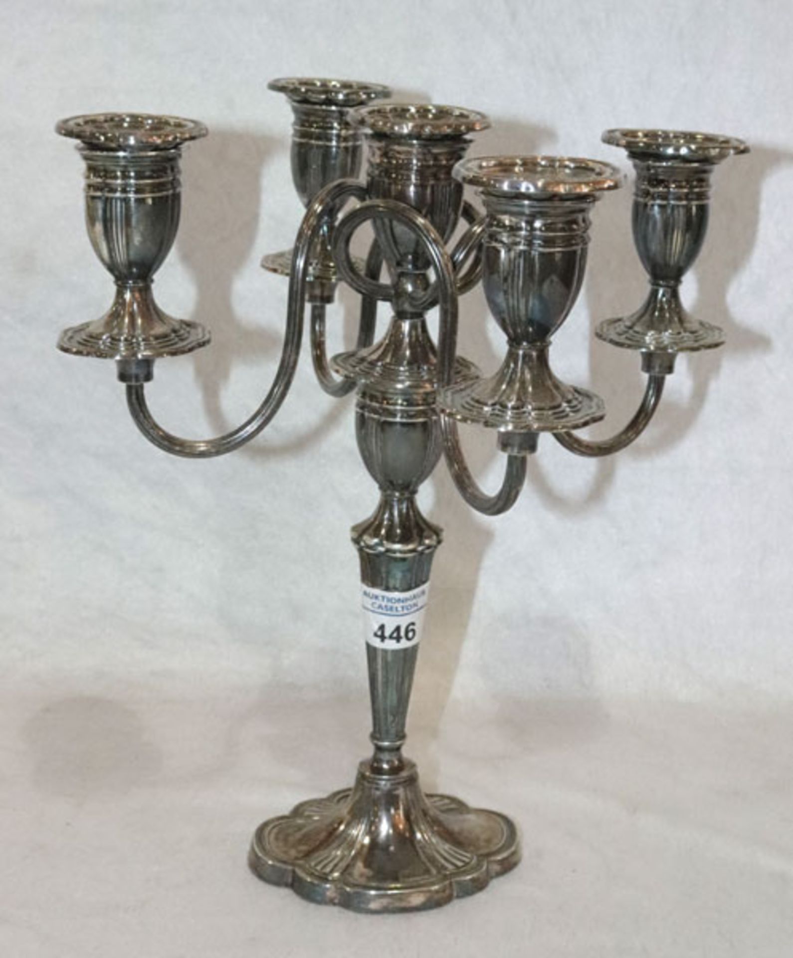 Kerzenleuchter, 5-armig, versilbert, H 30 cm, D 27 cm, Gebrauchsspuren