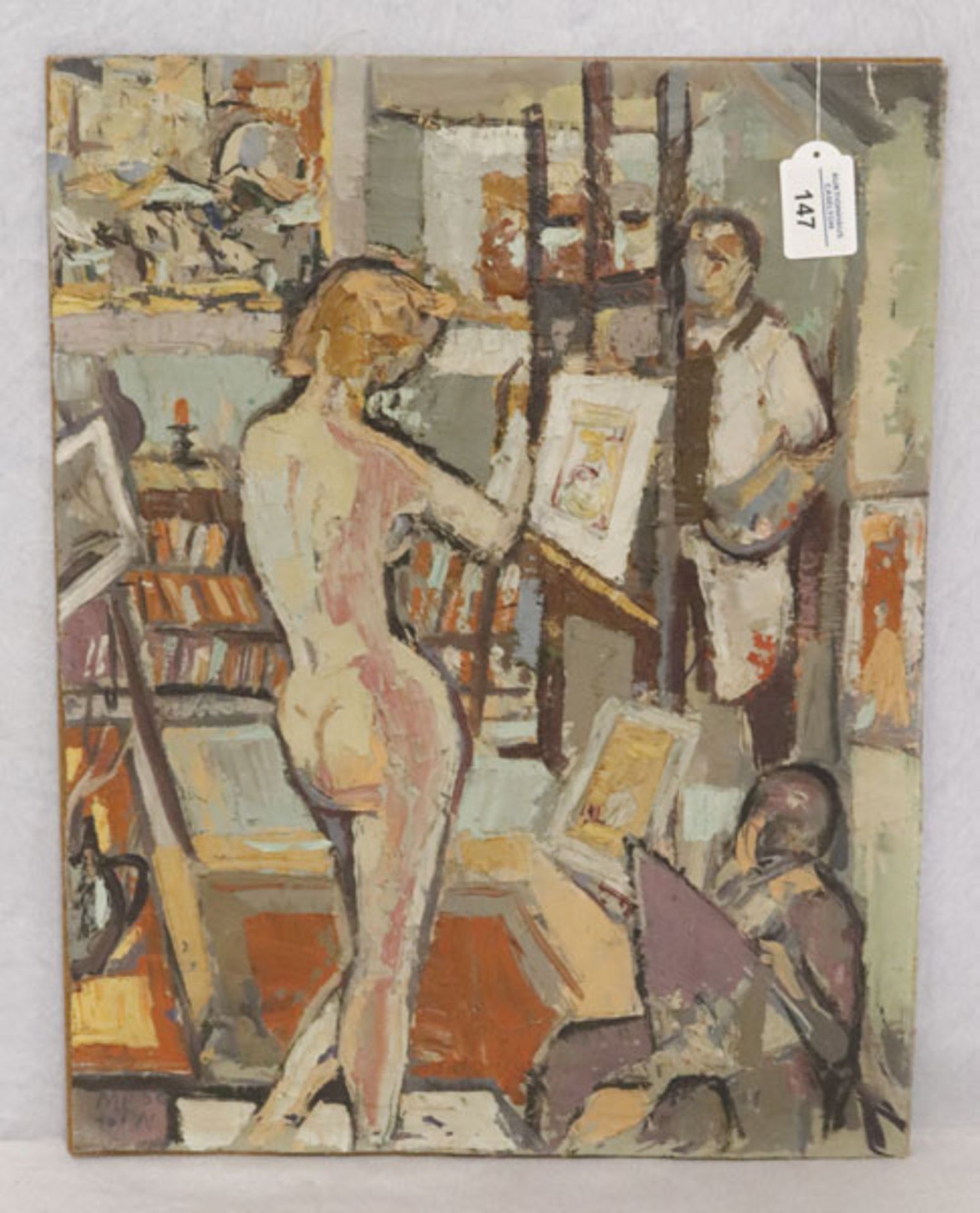 Gemälde ÖL/LW 'Frauenakt im Atelier', monogrammiert MP 56 19 TW ?, ohne Rahmen 50 cm x 39 cm (