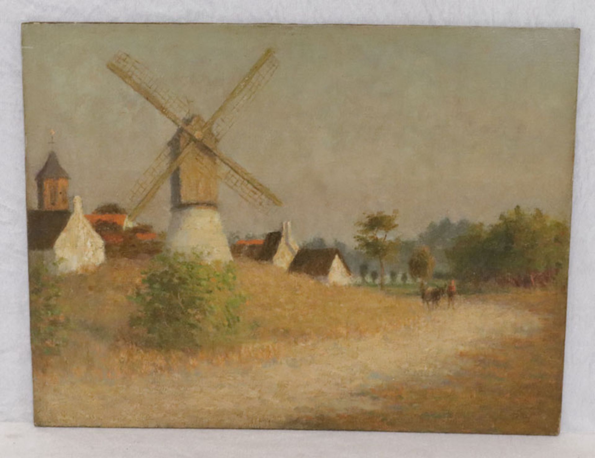 Gemälde ÖL/Holz 'Dorfansicht mit Windmühle', monogrammiert P TZ, ohne Rahmen 31,5 cm x 41 cm (