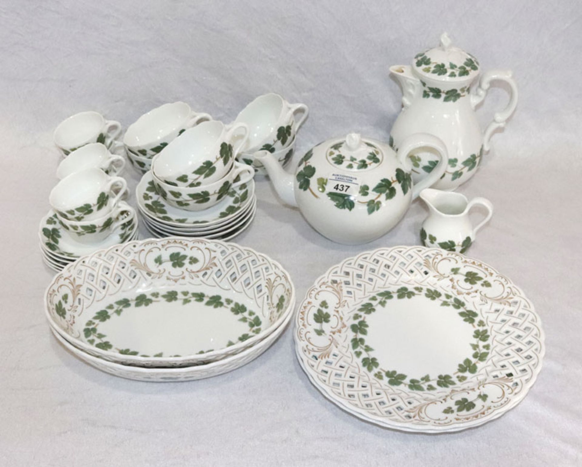 Hutschenreuther Tee- und Mokka-Serviceteile, Maria Theresia mit Weinlaubdekor, Teekanne, 6 Tee-