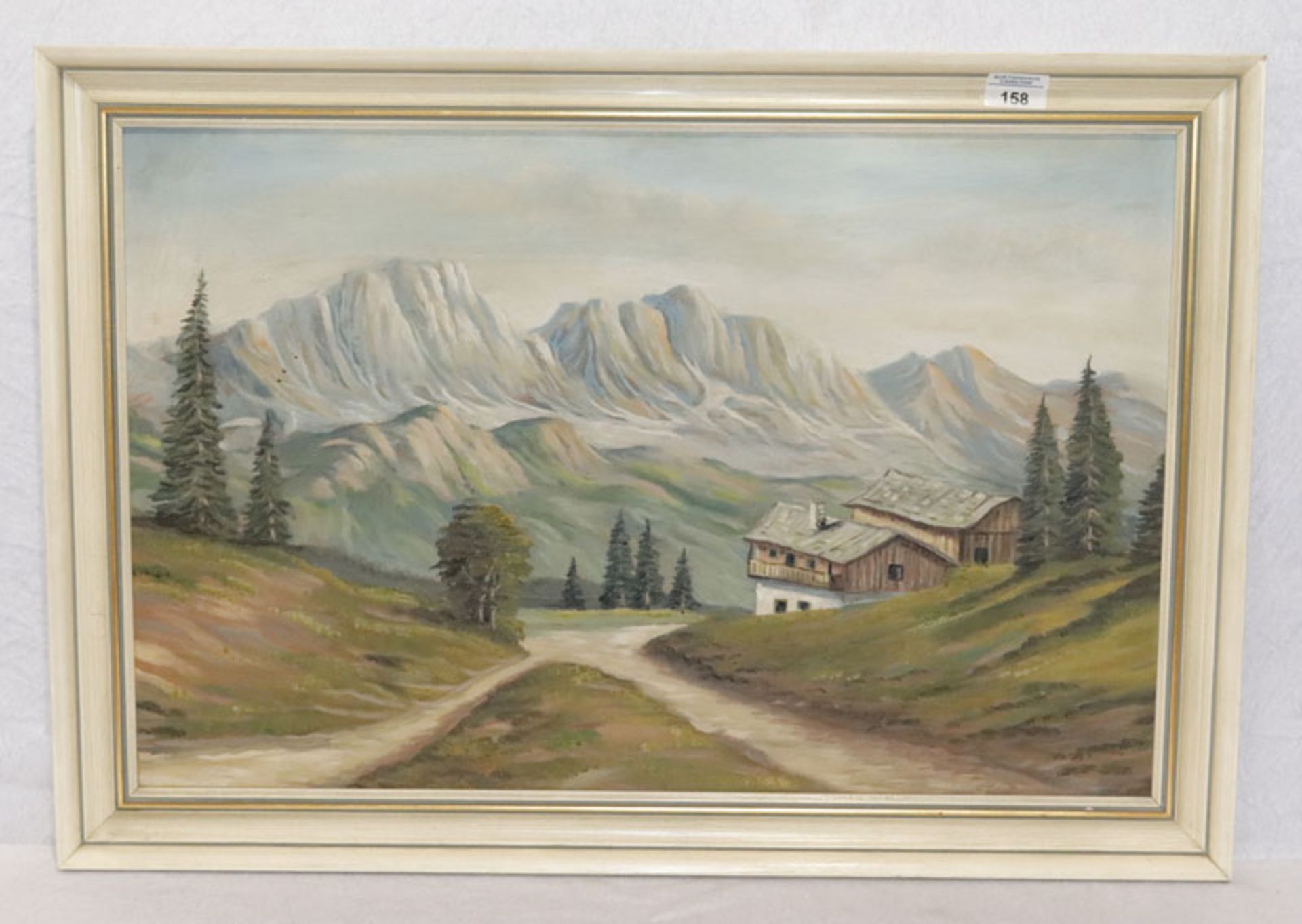 Gemälde ÖL/Hartfaser 'Bauernhof im Hochgebirge', gerahmt, incl. Rahmen 52 cm x 75 cm