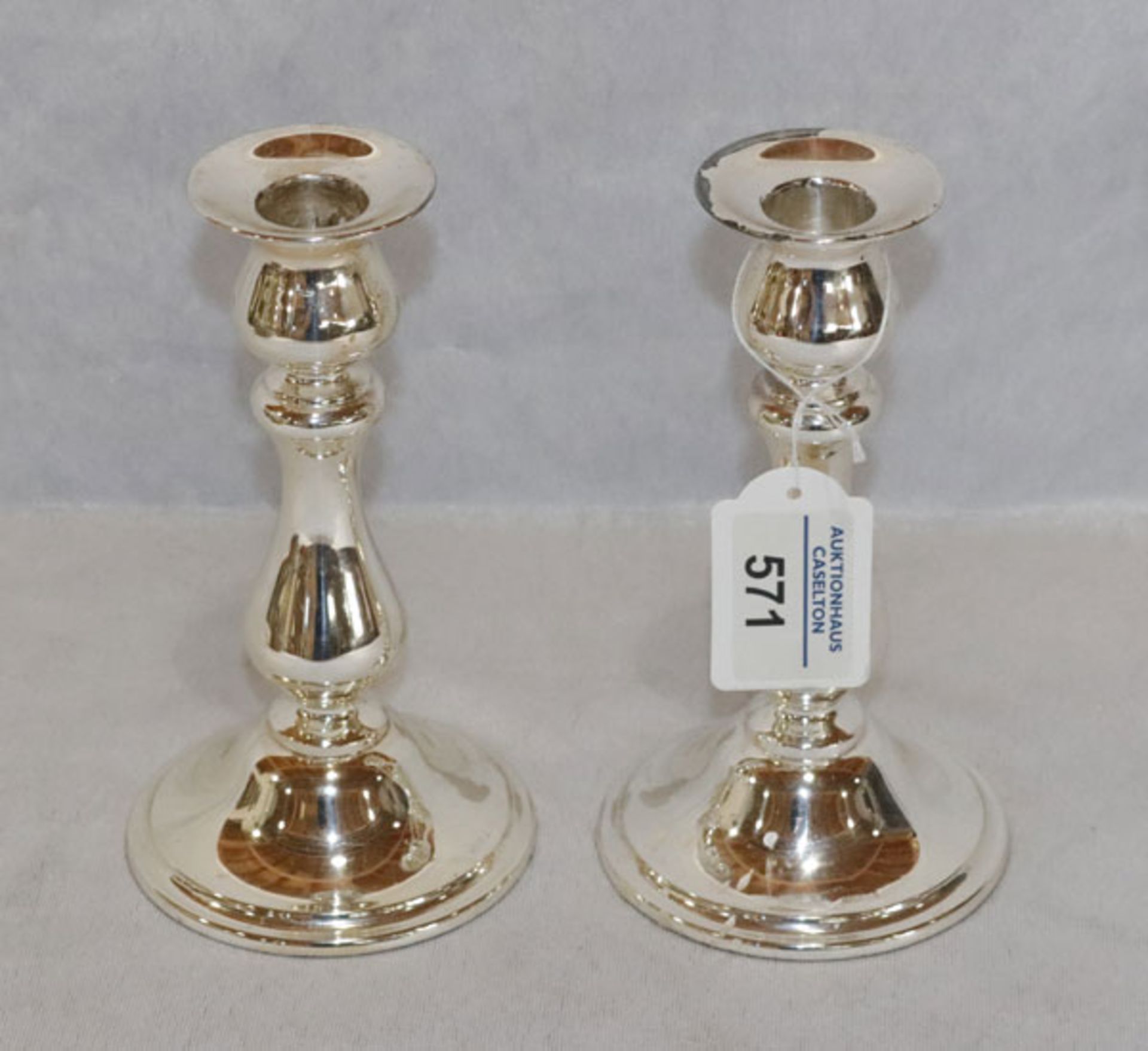 Paar Sterlingsilber Kerzenleuchter, gefüllt, H 16 cm, D 8,5 cm, Gebrauchsspuren