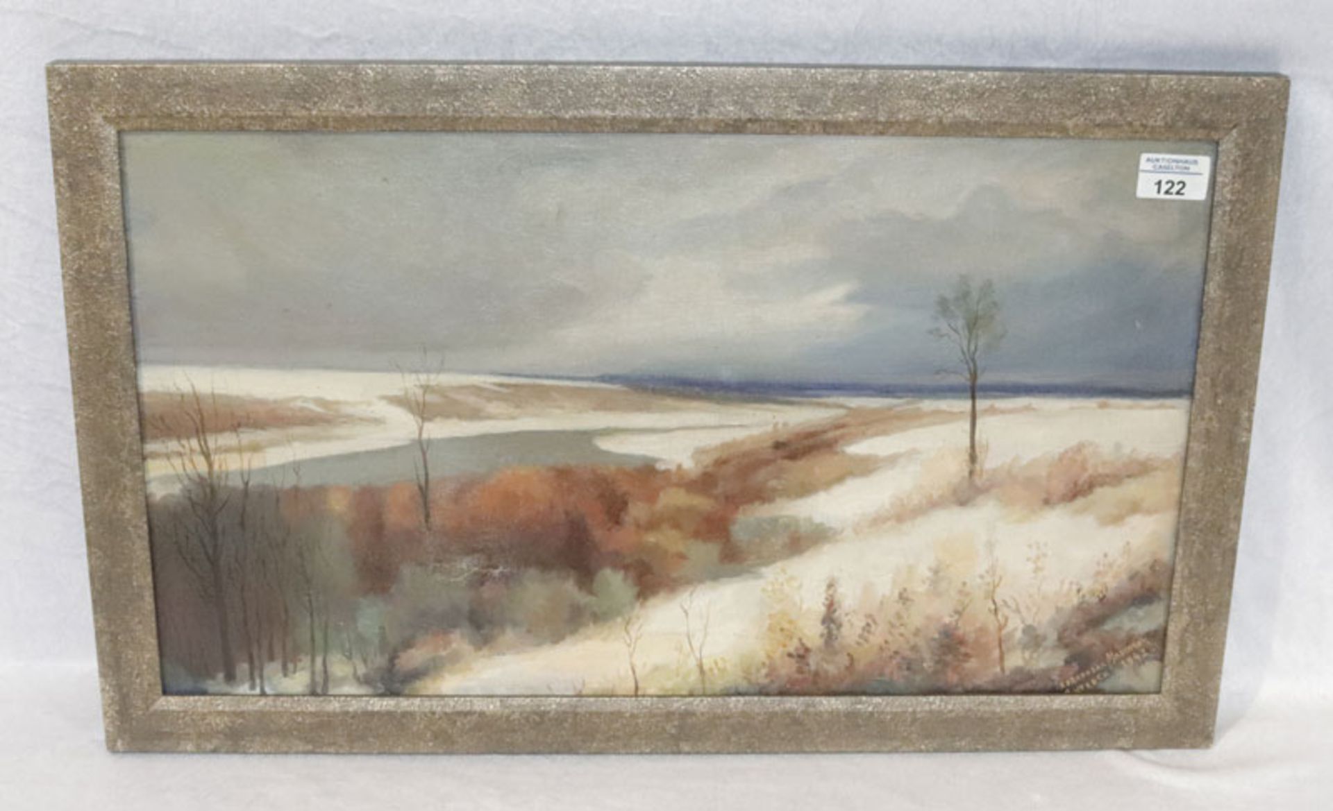 Gemälde ÖL/LW 'Landschafts-Szenerie', kyrilisch signiert, und datiert 1943, LW hat Riß, gerahmt,