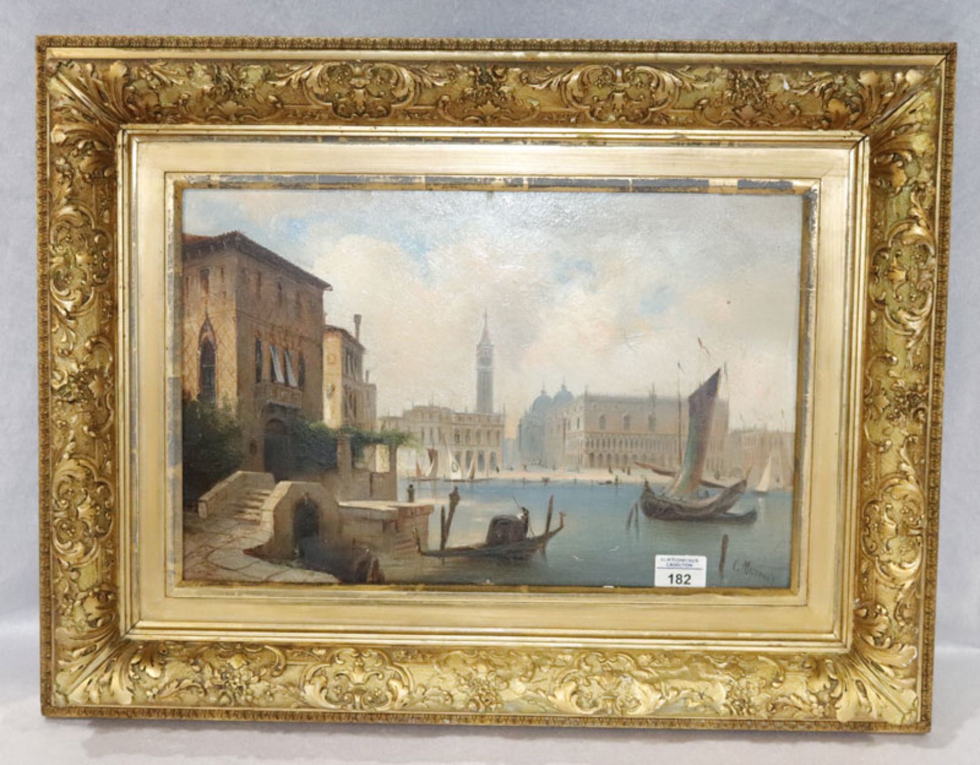 Gemälde ÖL/Blech 'Ansicht von Venedig', signiert C. Mezinna ?, gerahmt, Rahmen beschädigt, incl.