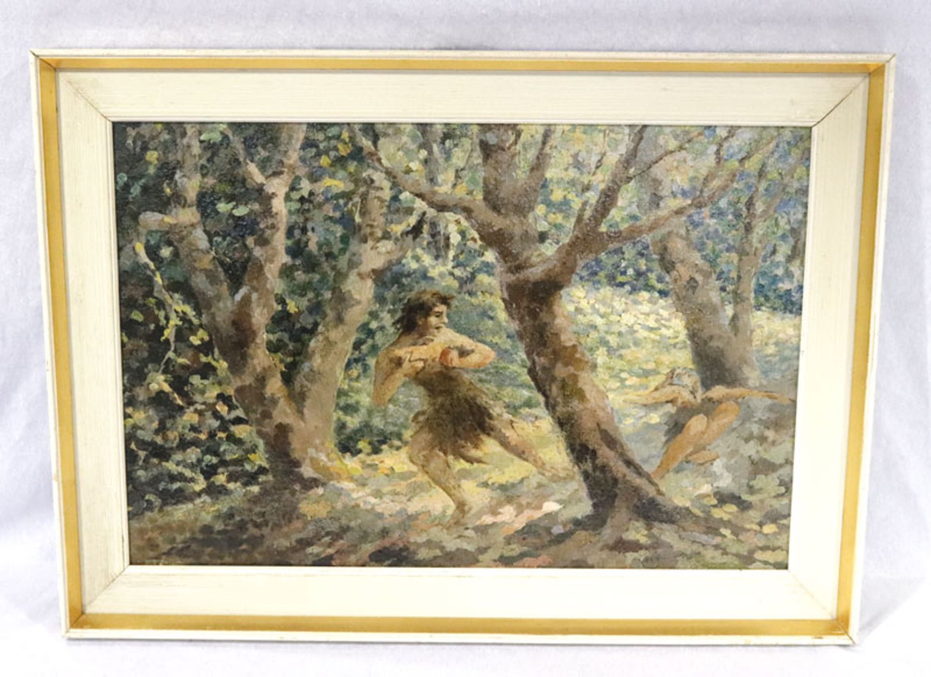 Gemälde ÖL/Holz 'Wald-Szenerie mit Figurenstaffagen', gerahmt, Rahmen bestossen, incl. Rahmen 42 cm