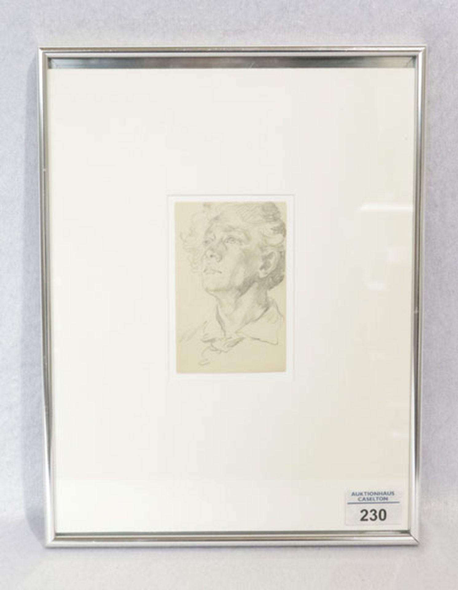 Zeichnung 'Porträt', von Anton von Werner, * 1843 + 1915, mit Passepartout unter Glas gerahmt,