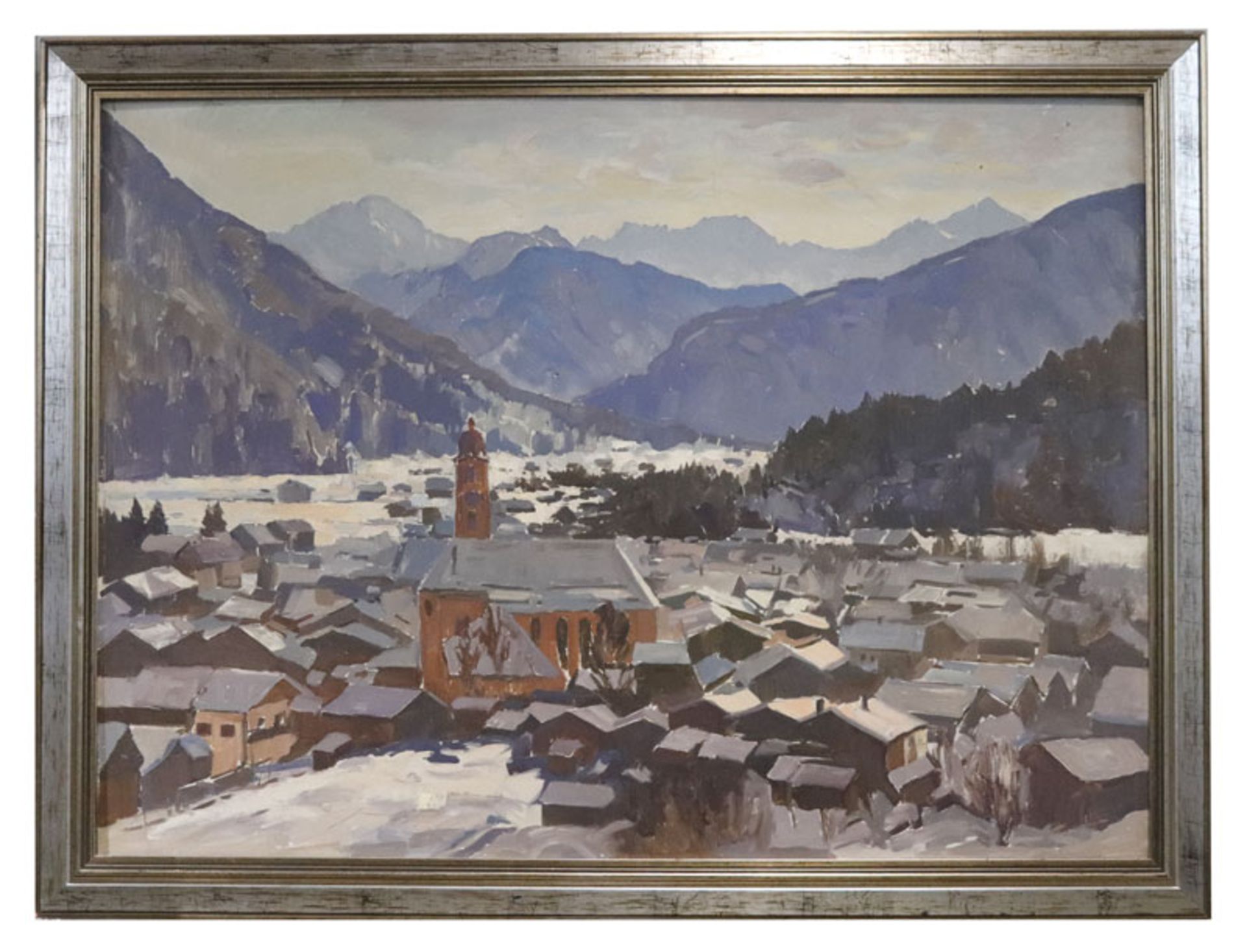 Gemälde ÖL/Hartfaser 'Blick auf Mittenwald im Winter', rückseitig bezeichnt Adolf Hasenkamp, * 16.
