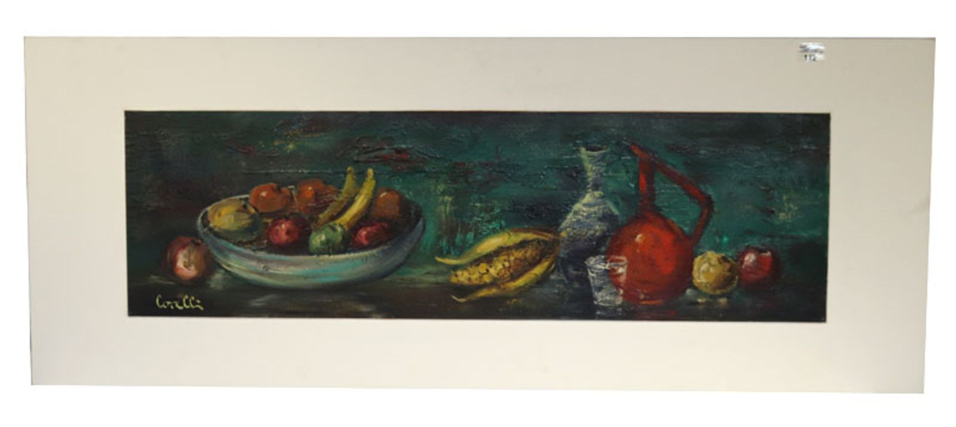 Gemälde ÖL/Hartfaser 'Obststillleben', undeutlich signiert, incl. Platte 51 cm x 128,5 cm, Versand