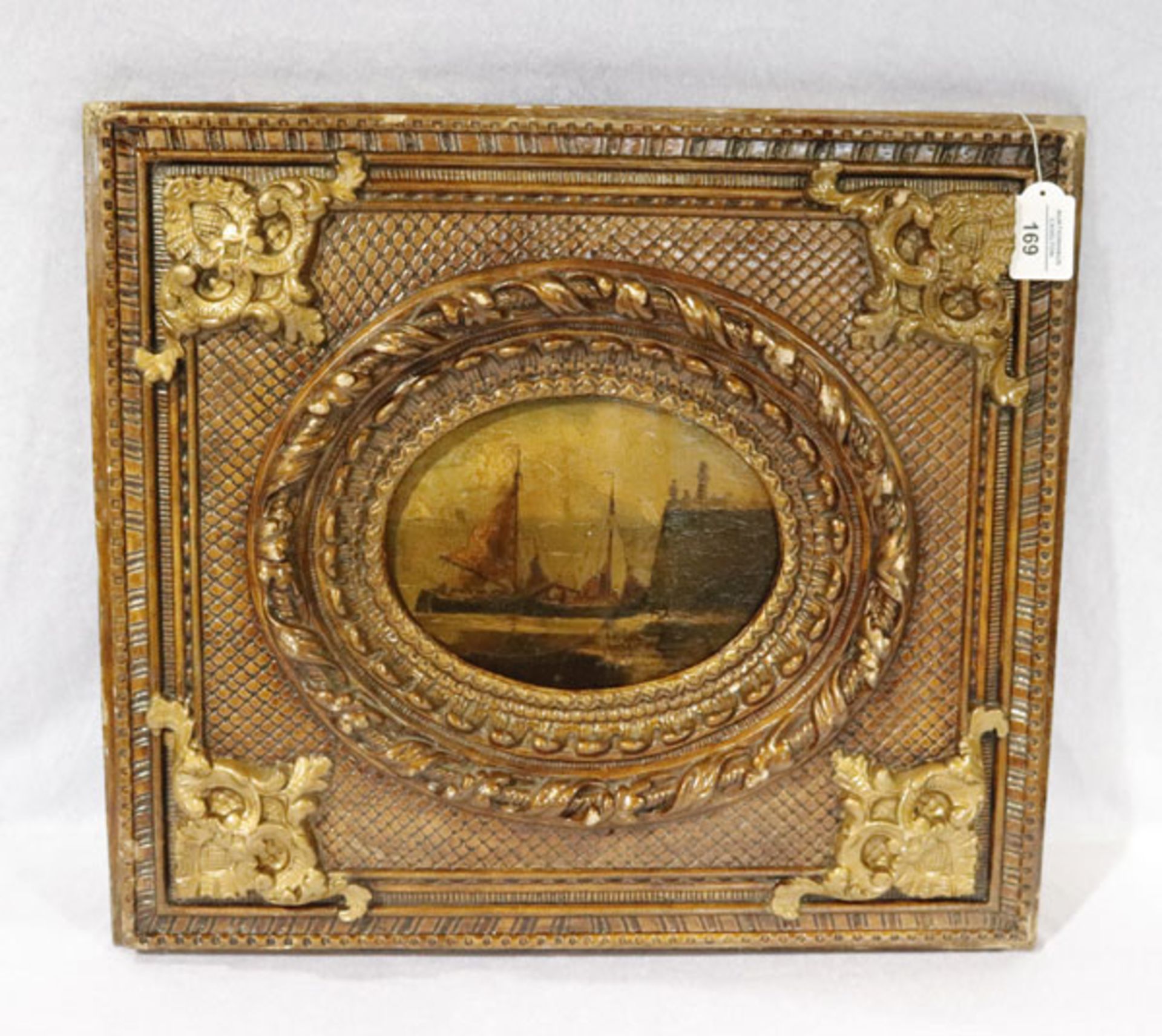 Gemälde ÖL/Malkarton 'Segelschiff', aufwendig gerahmt, Rahmen beschädigt, incl. Rahmen 46 cm x 50