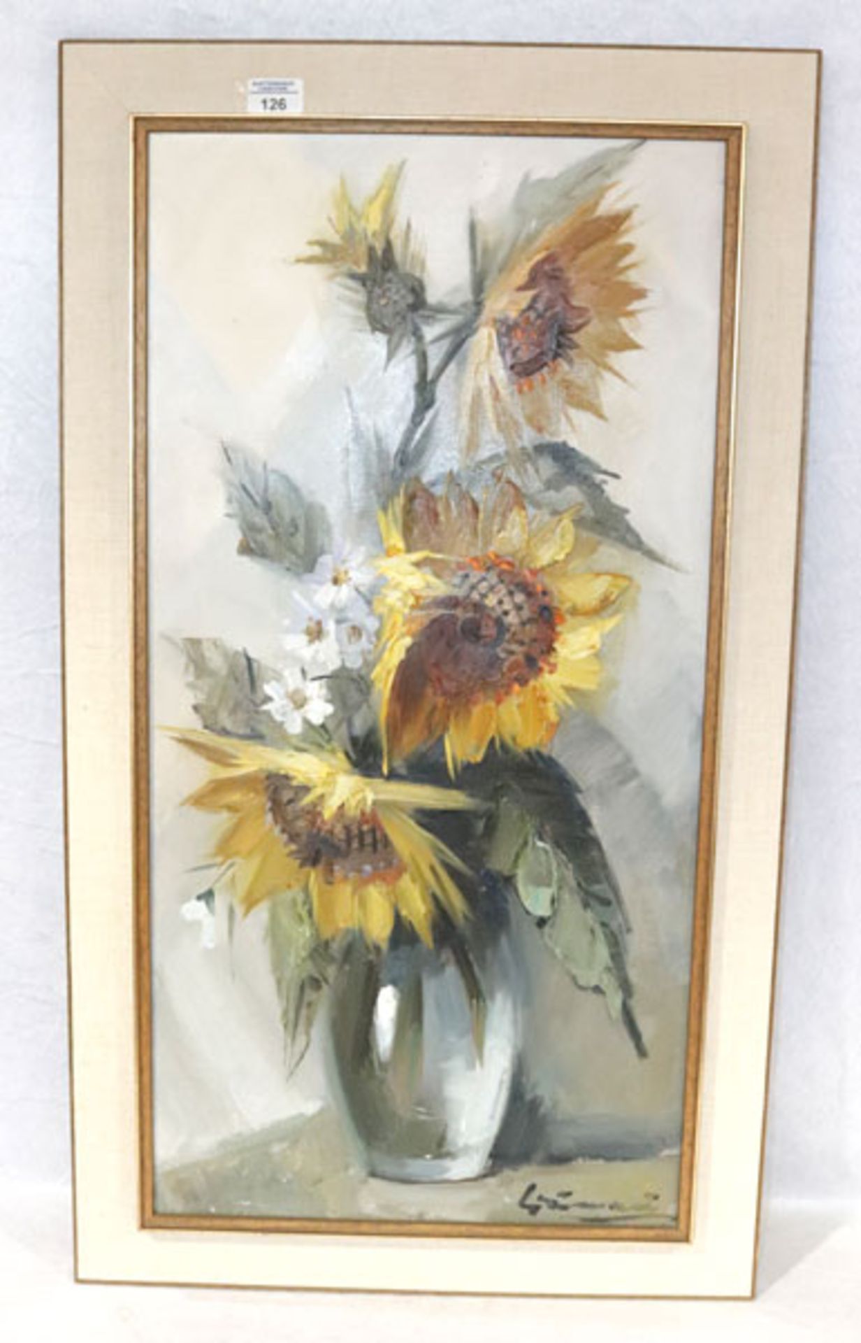 Gemälde ÖL/LW 'Sonnenblumen in Vase', undeutlich signiert, gerahmt, incl. Rahmen 92 cm x 53 cm