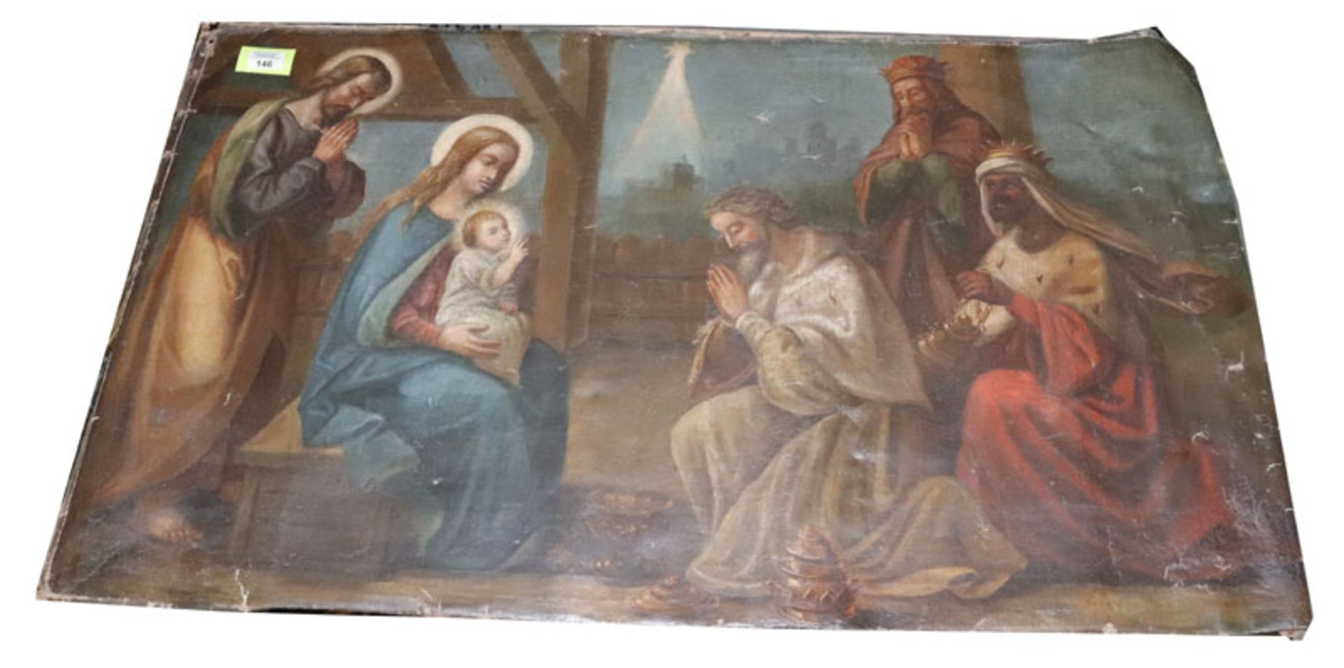 Gemälde ÖL/LW 'Heilige Familie mit den Heiligen Drei Königen', LW wellig und teils beschädigt, 18.