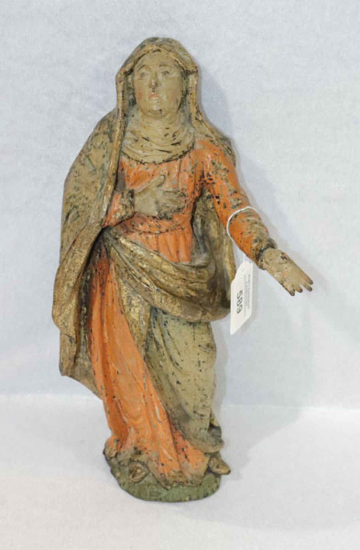 Holzfiguren Skulptur 'Maria', um 1800, Restfassung, Daumen fehlt, H 33 cm, B 14 cm, T 10 cm,