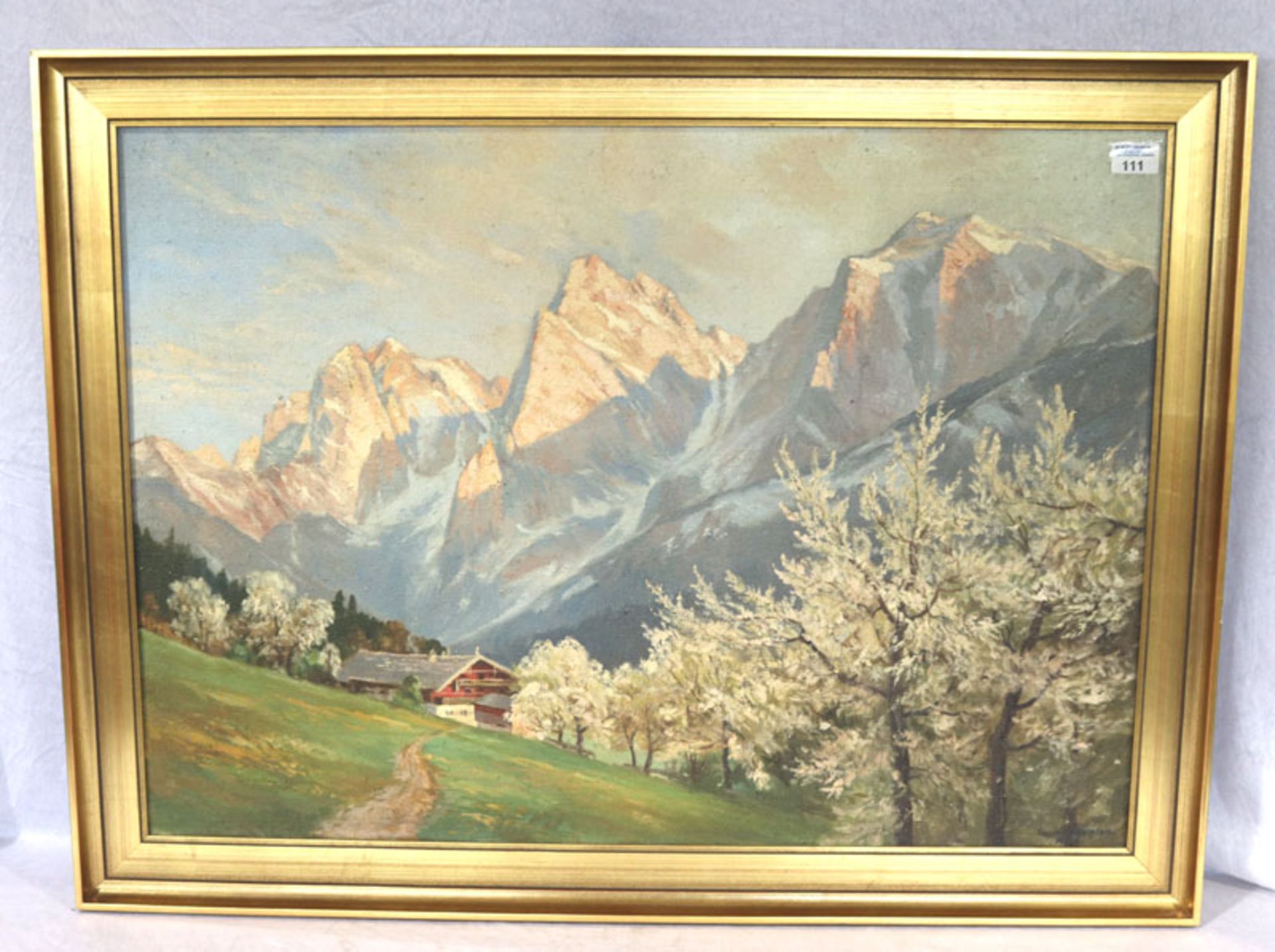 Gemälde ÖL/LW 'Wilder Kaiser im Frühjahr', Cop nach Compton, gerahmt, incl. Rahmen 72,5 cm x 96 cm