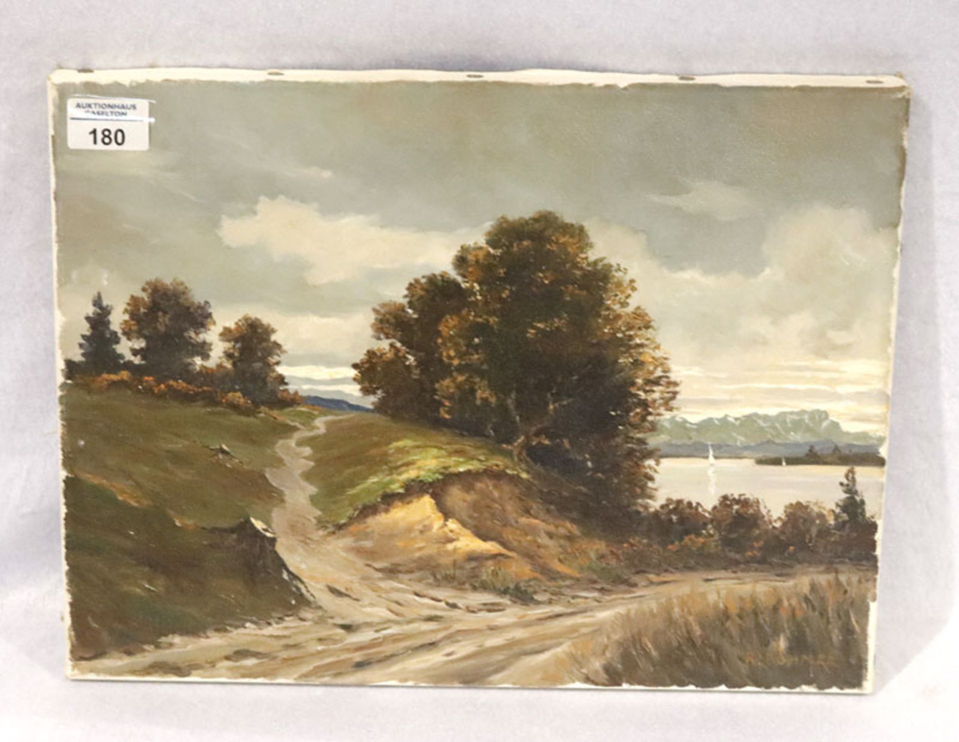 Gemälde ÖL/LW 'Landschafts-Szenerie mit Weg im Alpenvorland', signiert R. Böhmer, ohne Rahmen 30 cm