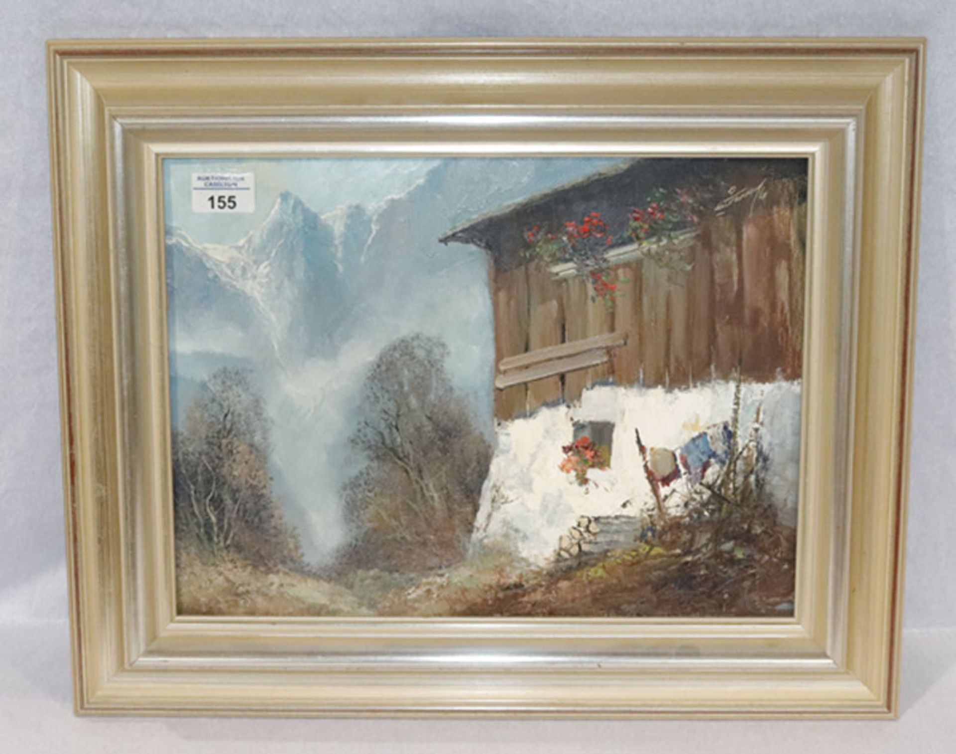 Gemälde ÖL/Maklkarton 'Bauernhaus im Hochgebirge', signiert Gustav Türk, * 1923 Sessen/Harz + 1978