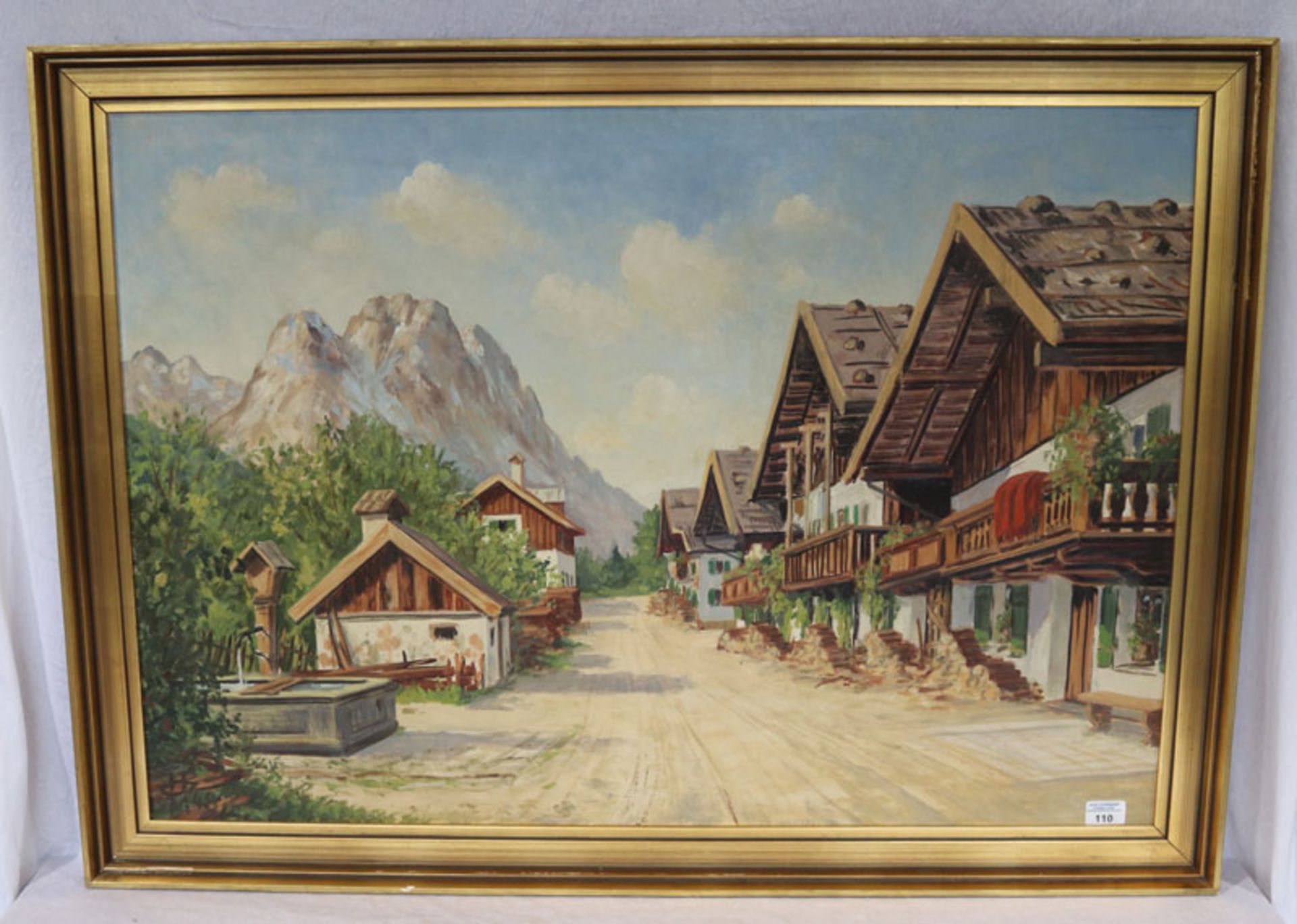 Gemälde ÖL/Malkarton 'Frühlingsstrasse in Garmisch mit Blick zum Wettersteingebirge', monogrammiert