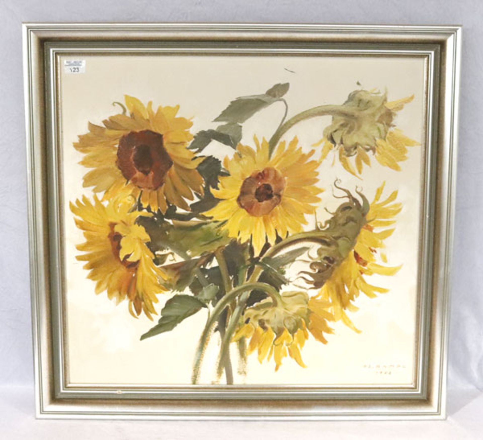 Gemälde ÖL/Hartfaser 'Sonnenblumen', signiert OS (Oswald) Rampl, datiert 1958, * 1911 Innsbruck +
