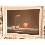 Tennyer - 20thC oil on canvas - Still life study with egg shell, fruit & glass vase, 11" x 15".