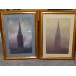 Fred Fieber - a pair of pastel & mixed media drawings - Studies of the spire of Salisbury