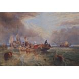 19thC School - watercolour - Weary figures in a rowing boat leaving harbour to greet a distant