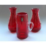 Two Whitefriars ruby glass 6" vases with applied wavy flint sides, 1960-64, pattern no. 9420,