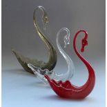 Three Whitefriars Glass swans, possibly made by Frank Hill, 1940-78.