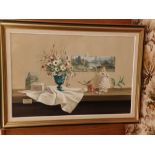 Deborah Jones - 20thC oil on canvas - Still life with flower vase on shelf, dated 1977, 19" x 29".