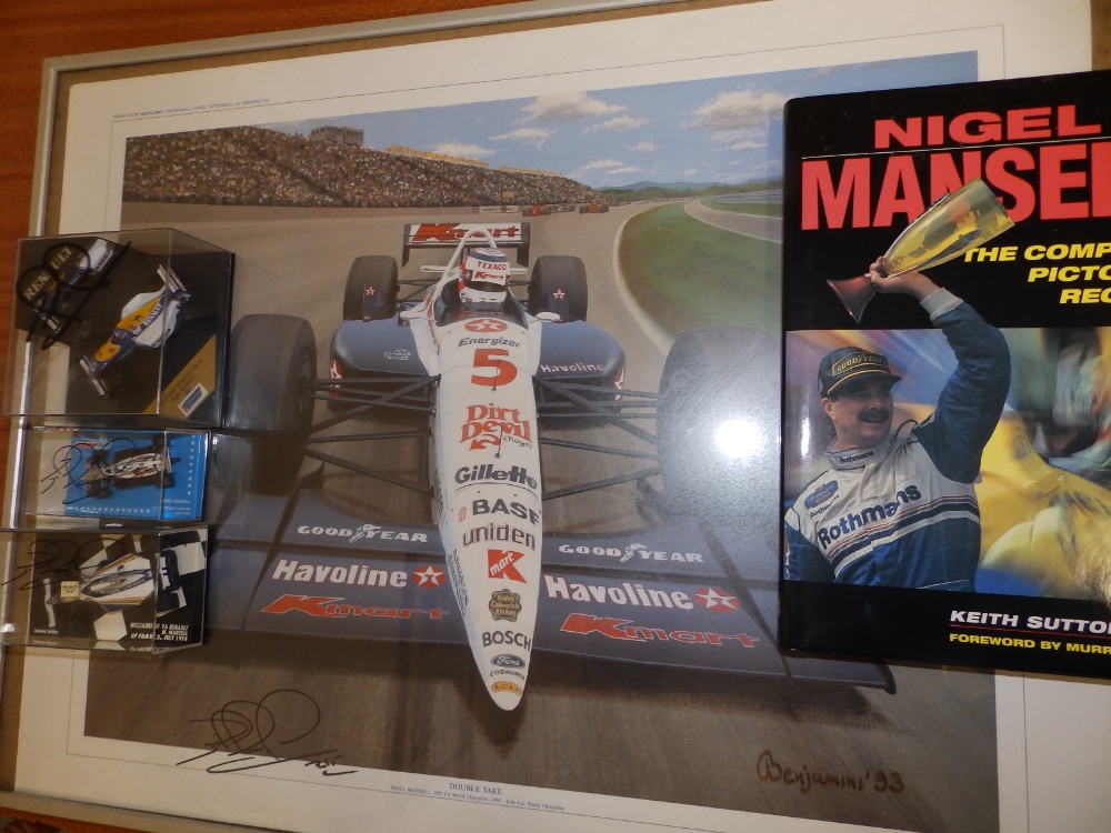 Signed Nigel Mansell items; poster 'Double Take', Sutton's 'The Complete Pictorial Record' and three