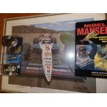 Signed Nigel Mansell items; poster 'Double Take', Sutton's 'The Complete Pictorial Record' and three