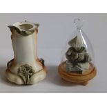 A continental art nouveau vase, 7" high - base cracked and a nodding head Chinaman figure. (2)