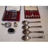 Four king's pattern silver tablespoons - Mappin & Webb 1971, a three piece condiment set, eight