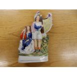 A Victorian Staffordshire figure group - Musicians with harp, 12.5" high.
