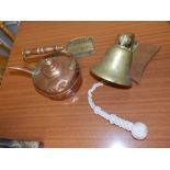 A brass wall bell - 'Brandize'. a brass 'Tonnage' plaque and a copper kettle. (3)