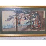 A pair of signed Japanese woodblock colour 'triptych' panel prints, depicting a battle scene and a