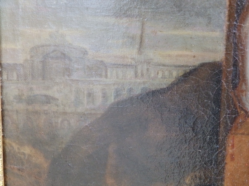 Late 18th/early 19thC School - oil on canvas - Crucifixion scene with view of distant buildings, 17" - Image 3 of 4