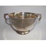 A two-handled silver trophy cup on wooden base - uninscribed, Walker & Hall, Birmingham 1910, 9.5"
