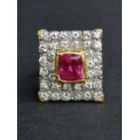 A synthetic pink sapphire & diamond ring, the rectangular stone measuring approximately 9mm x 8mm in