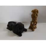 A Chinese black soapstone lion - tooth broken, width 6.5" and a green stone fisherman. )2)