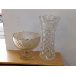 A cut glass pedestal fruit bowl and a waisted 12" vase. (2)
