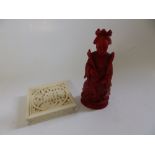 A late 19thC Chinese red stained ivory chess piece, 3.5" high - a/f together with a small square box