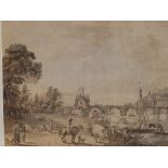 Paul Sandby (1730-1809) - watercolour with ink - River landscape with figures, animals and barges