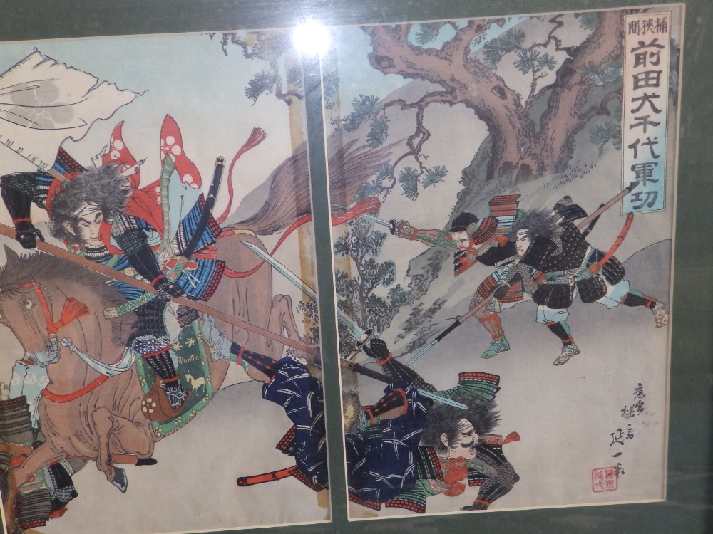 A pair of signed Japanese woodblock colour 'triptych' panel prints, depicting a battle scene and a - Image 6 of 8