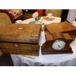 An inlaid mahogany mantel clock - dial a/f and two parquetry boxes. (3)
