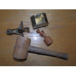 A GPO 1962 mallet, a small brass box and two other pieces. (4)